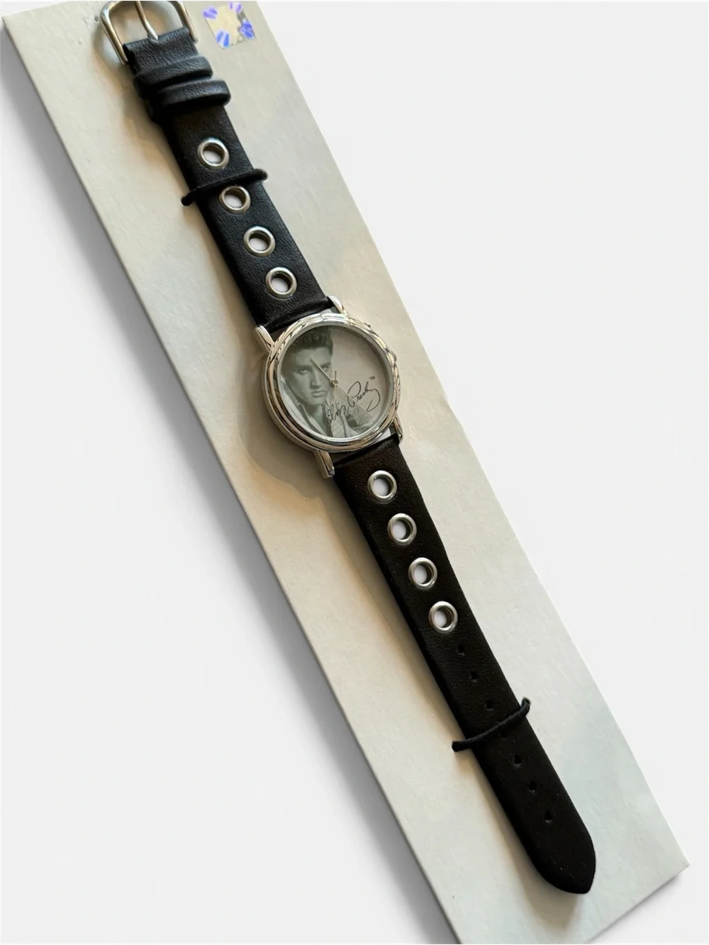 Elvis Presley - Black Leather Strap Silver-Tone Watch with Signature Dial